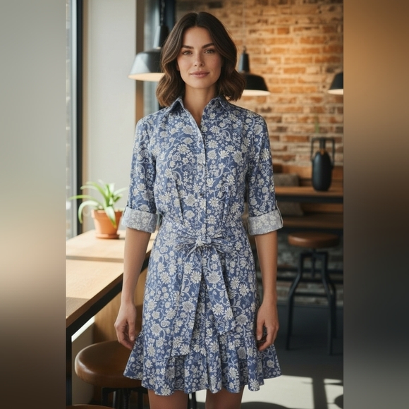 Chaps Dresses & Skirts - CHAPS Women's Floral Shirt Dress Button Front Ruffle Roll Tab Sleeve Blue Medium